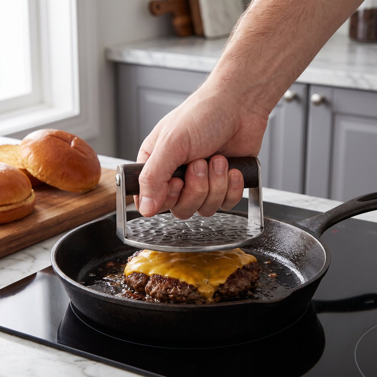 Satake Kuro smashburgerpress med handtag i trä pressar en burgare med smält ost i en gjutjärnspanna på induktionshäll