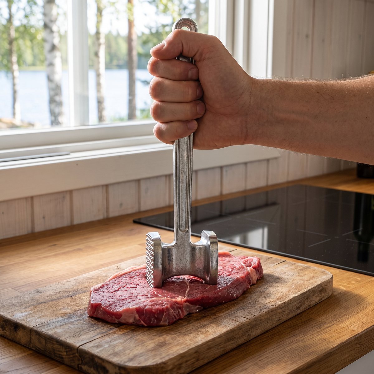 Essentials köttklubba i gjuten aluminium som mörar en skiva nötkött på en träbräda i en svensk stuga med björkar och sjö