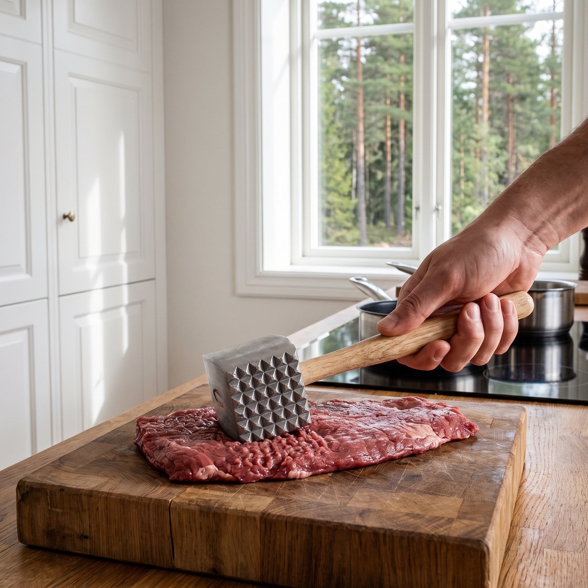 Exxent biffklubba med aluminiumhuvud och träskaft som mörar en flankstek på ett hackbräde i ett svenskt kök