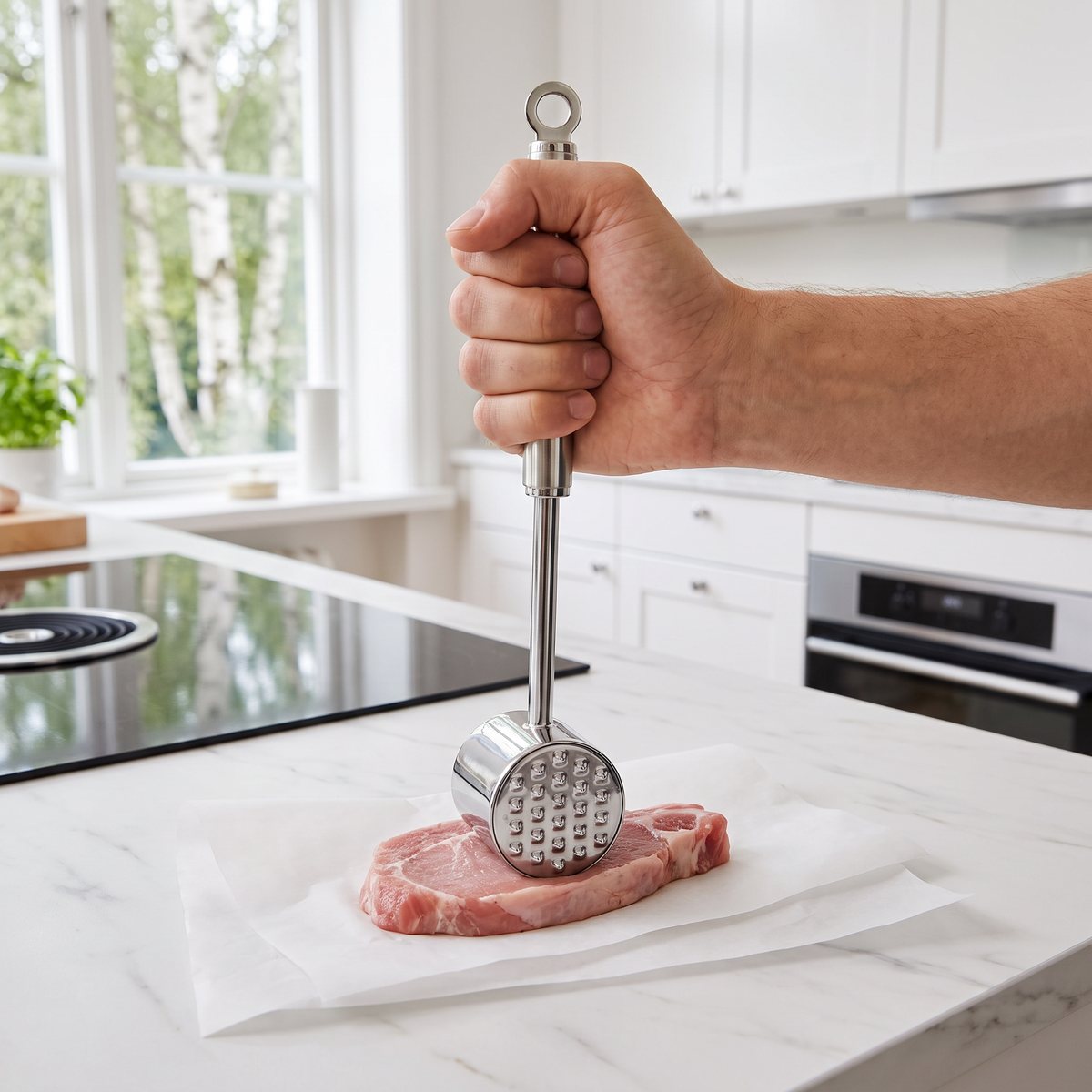 Rösle kötthammare med runt räfflat huvud som mörar en kotlett mellan bakplåtspapper i ett ljust svenskt kök