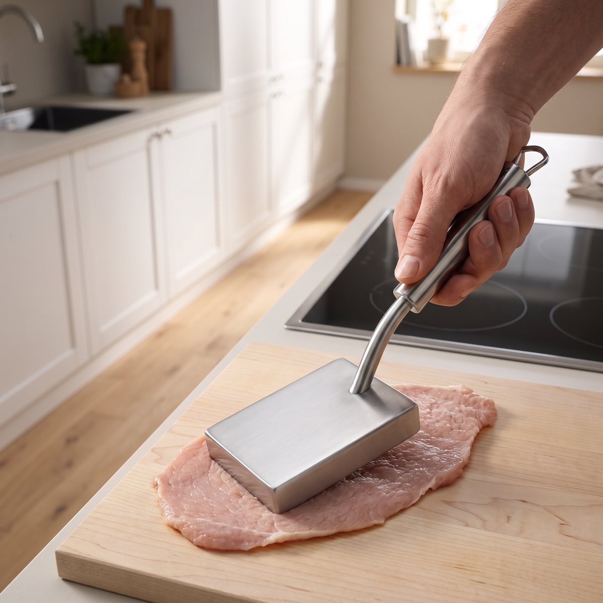WMF Profi Plus kötthammare med bred plan stålyta som plattar ut en schnitzel på en björkskärbräda i ett svenskt kök