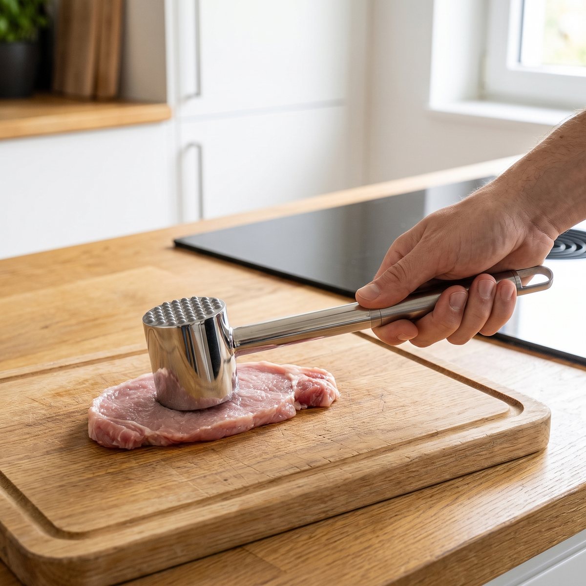 Zwilling Pro kötthammare i rostfritt stål som bankar ut en fläskkotlett på en skärbräda i ett svenskt kök med induktionshäll