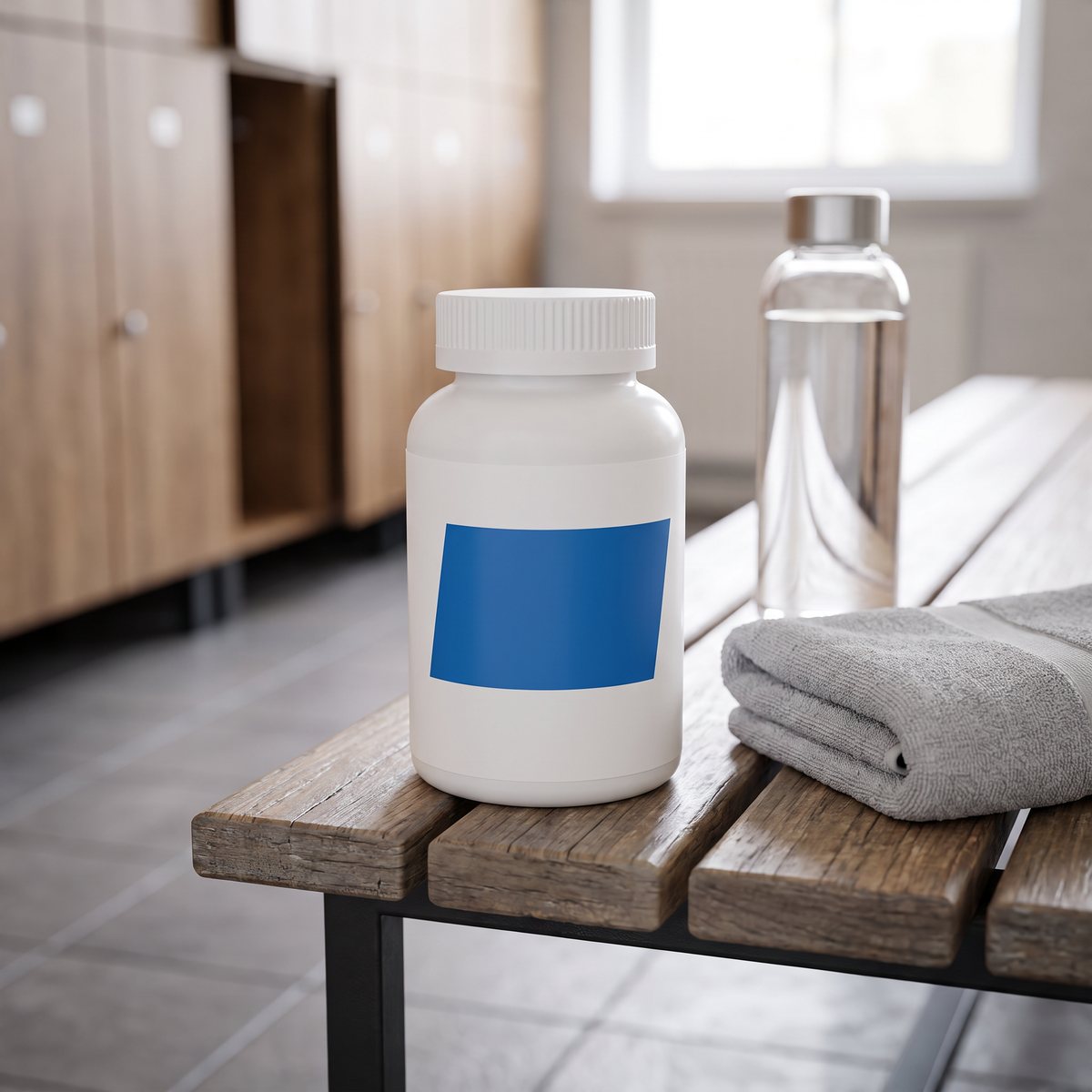 Core Omega-3+ på en träbänk i ett svenskt gymomklädningsrum med vattenflaska och handduk