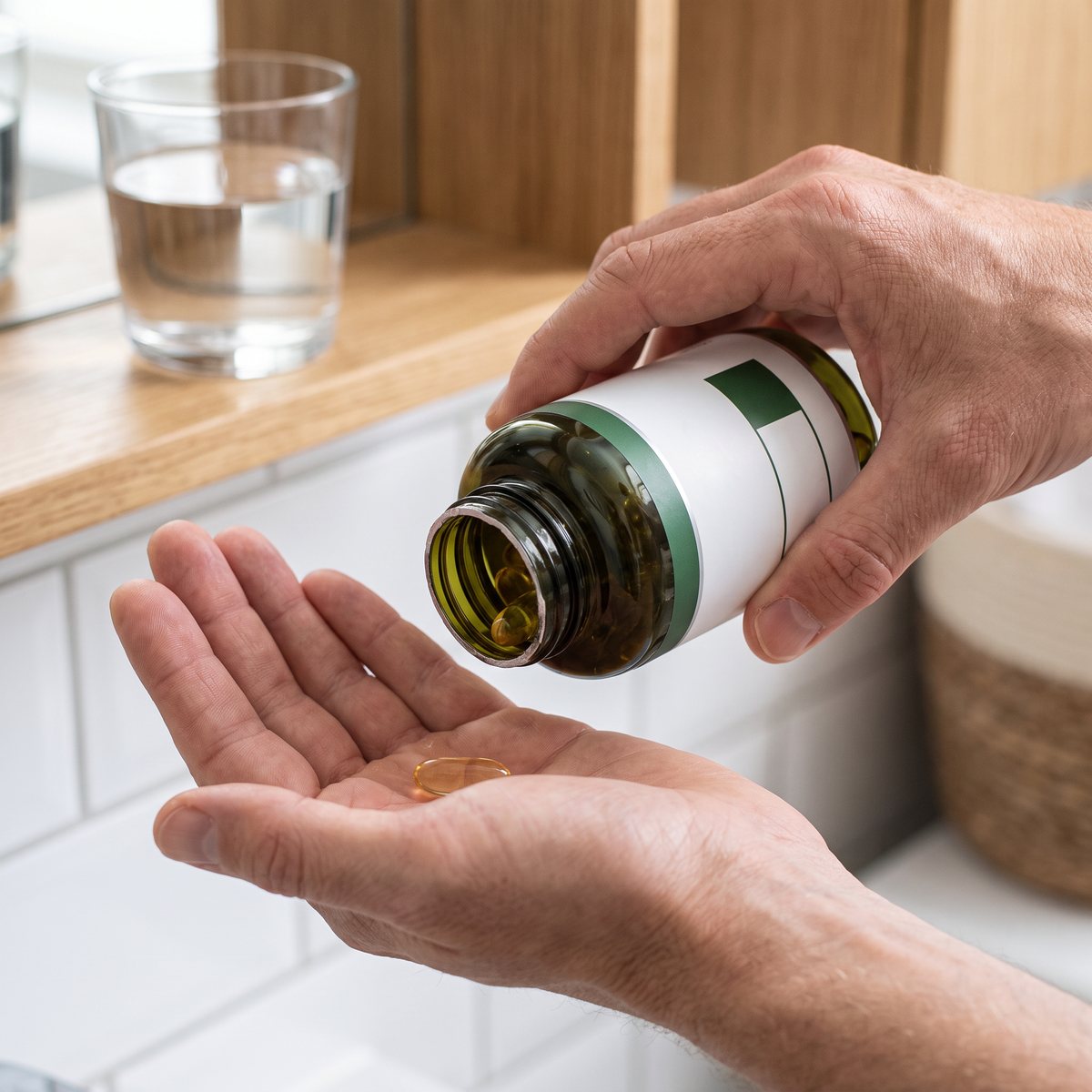 Elexir Pharma Omega-3 Forte i en hand som tömmer ut en kapsel i handflatan i ett svenskt hem