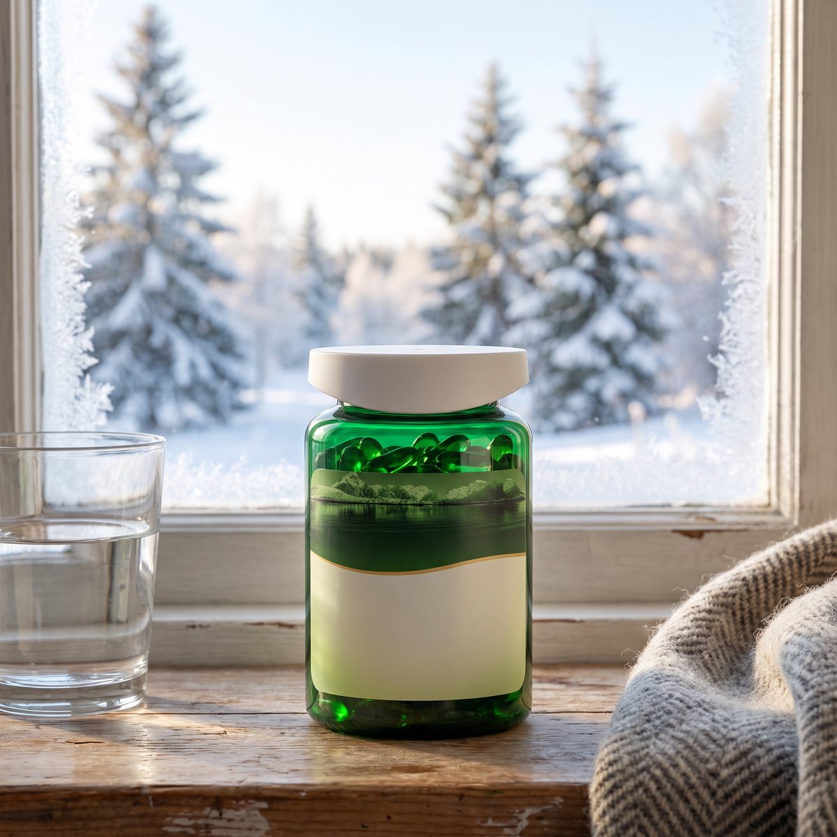 Möllers Tran kapslar på ett fönsterbräde i ett svenskt hem med snötäckta granar utanför