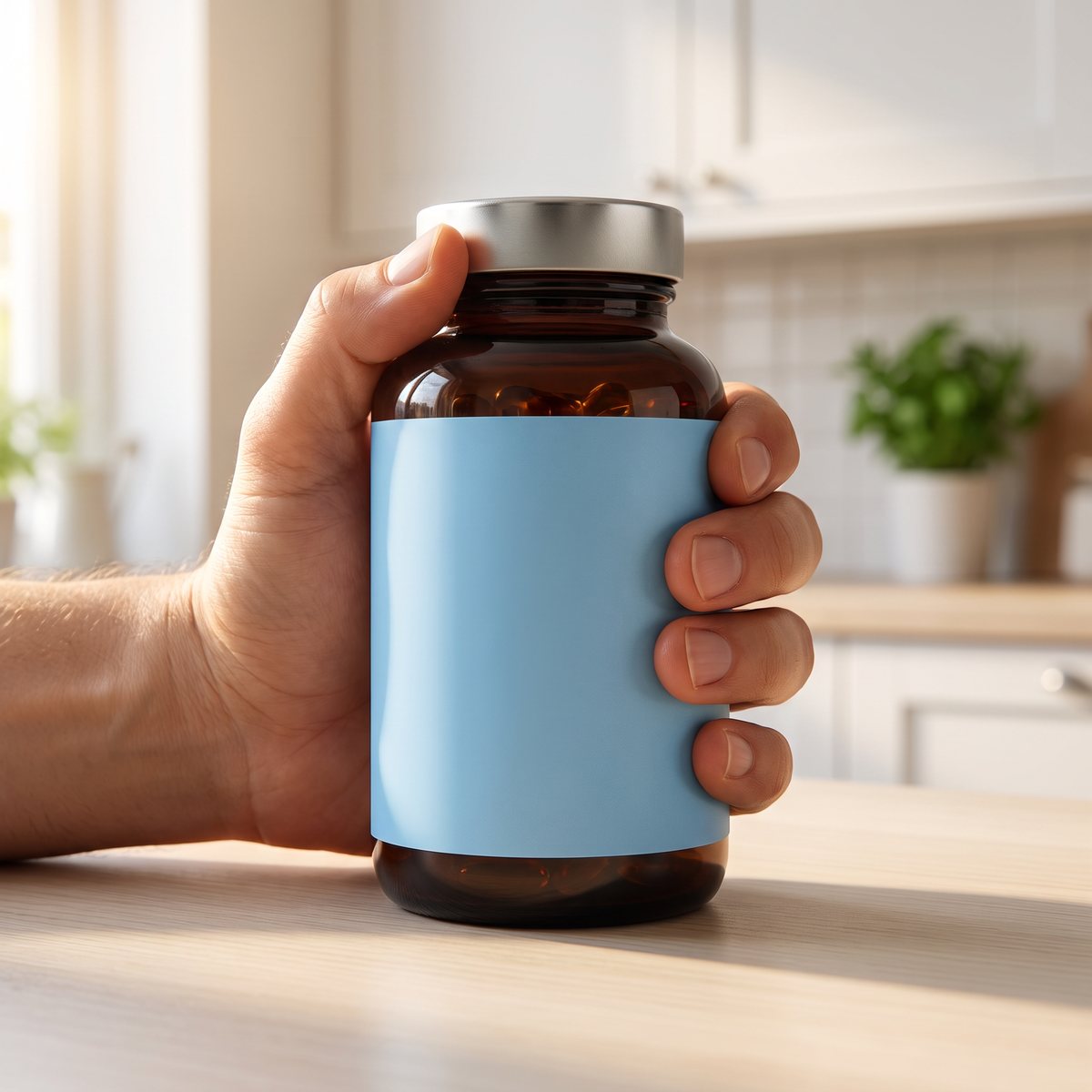 Nordbo Omega-3 ASC i en hand i ett ljust svenskt kök