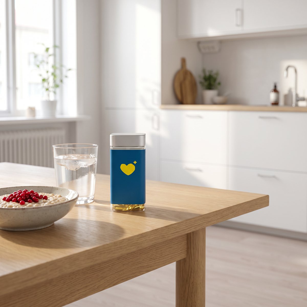 Pharbio Omega-3 Forte på ett frukostbord i ett svenskt kök, bredvid ett glas vatten och en skål havregrynsgröt med lingon