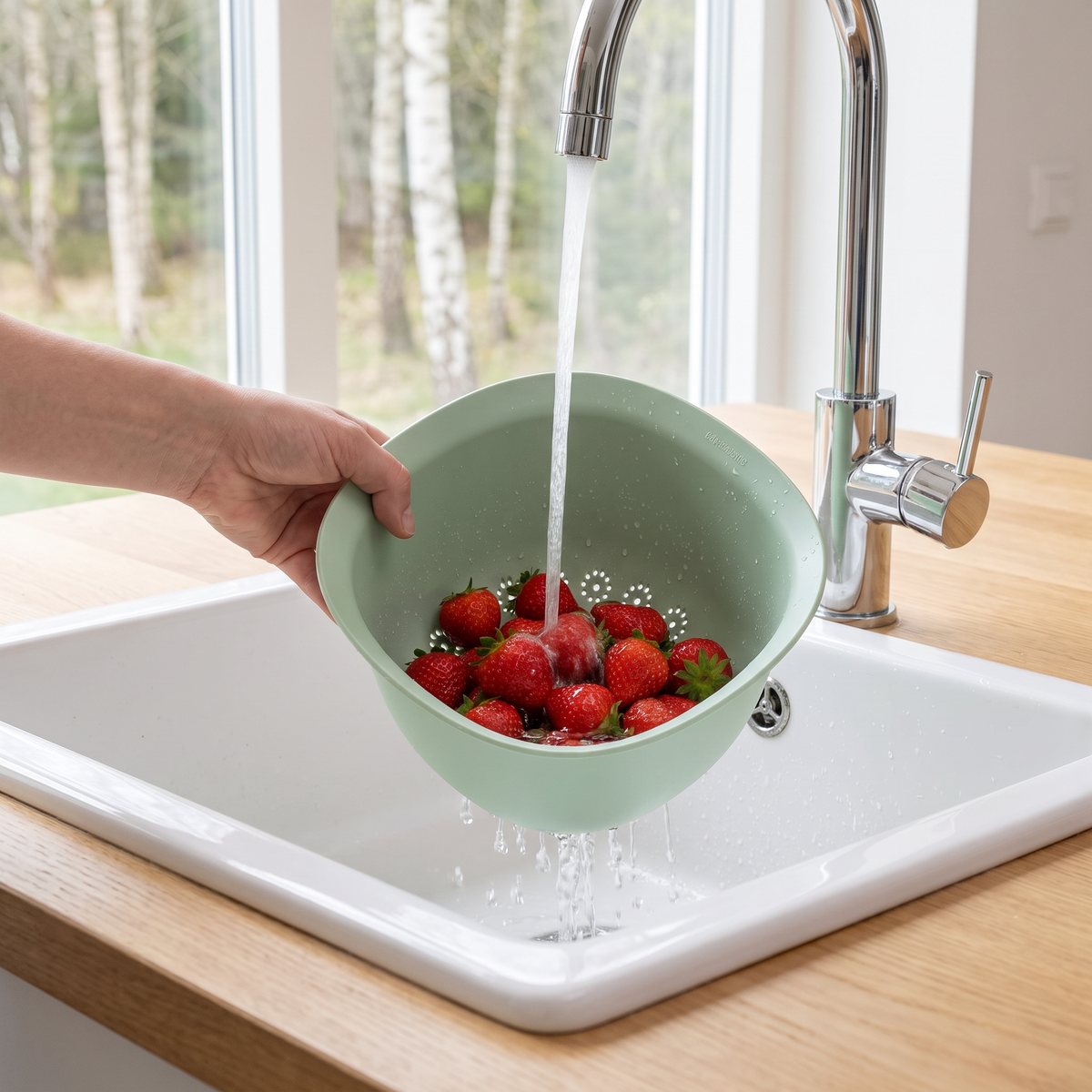 Grönt Brabantia Tasty+ durkslag med jordgubbar som sköljs i diskhon i ett svenskt hem