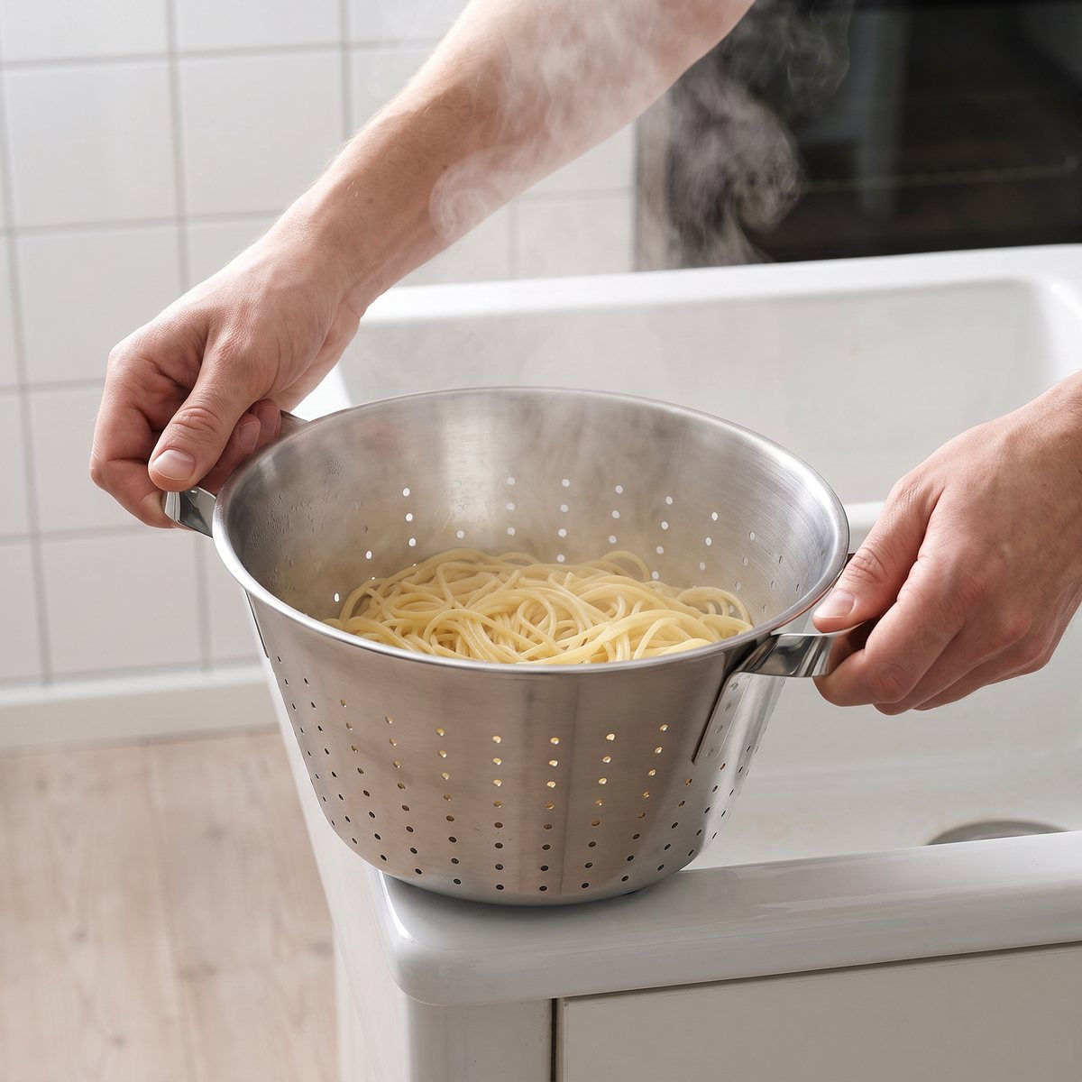 Jonas of Sweden durkslag i rostfritt stål med nykokt pasta i diskhon i ett svenskt kök