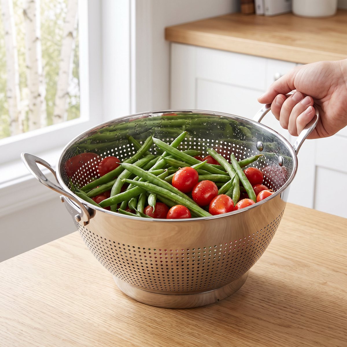 Mareld durkslag på fot i rostfritt stål med haricots verts och tomater på en köksbänk i ett svenskt hem