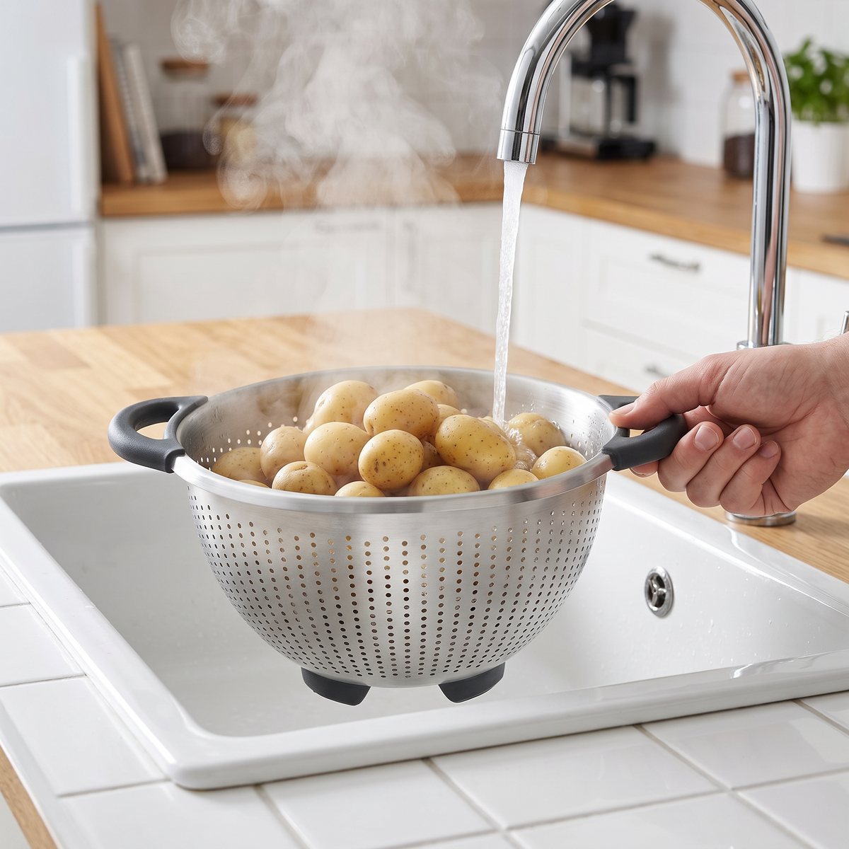Oxo durkslag i rostfritt stål med mjuka handtag i ett svenskt kök, fyllt med nykokt potatis i diskhon
