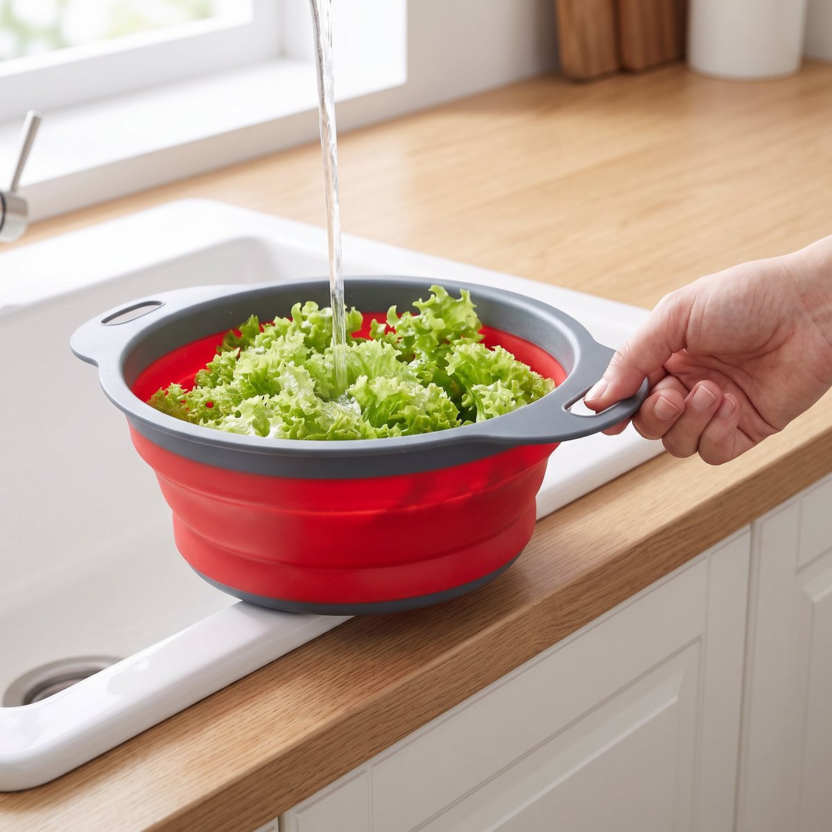 Rött hopfällbart Westmark durkslag i silikon med sallad vid diskhon i ett svenskt kök