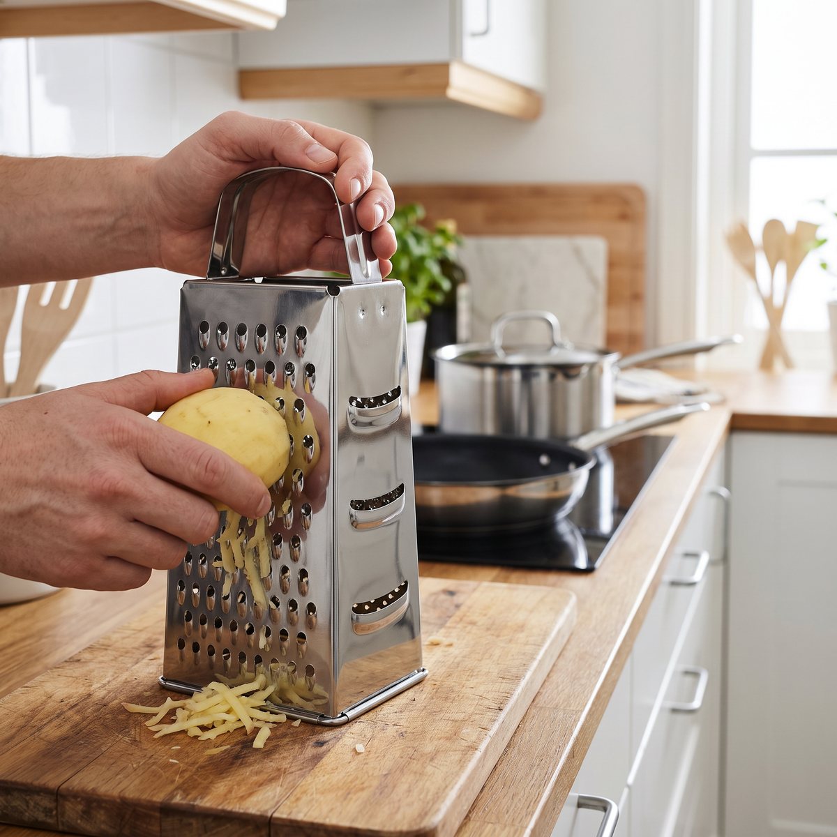 Fiskars Essential rivjärn i rostfritt stål som används för att riva potatis i ett svenskt kök med induktionshäll