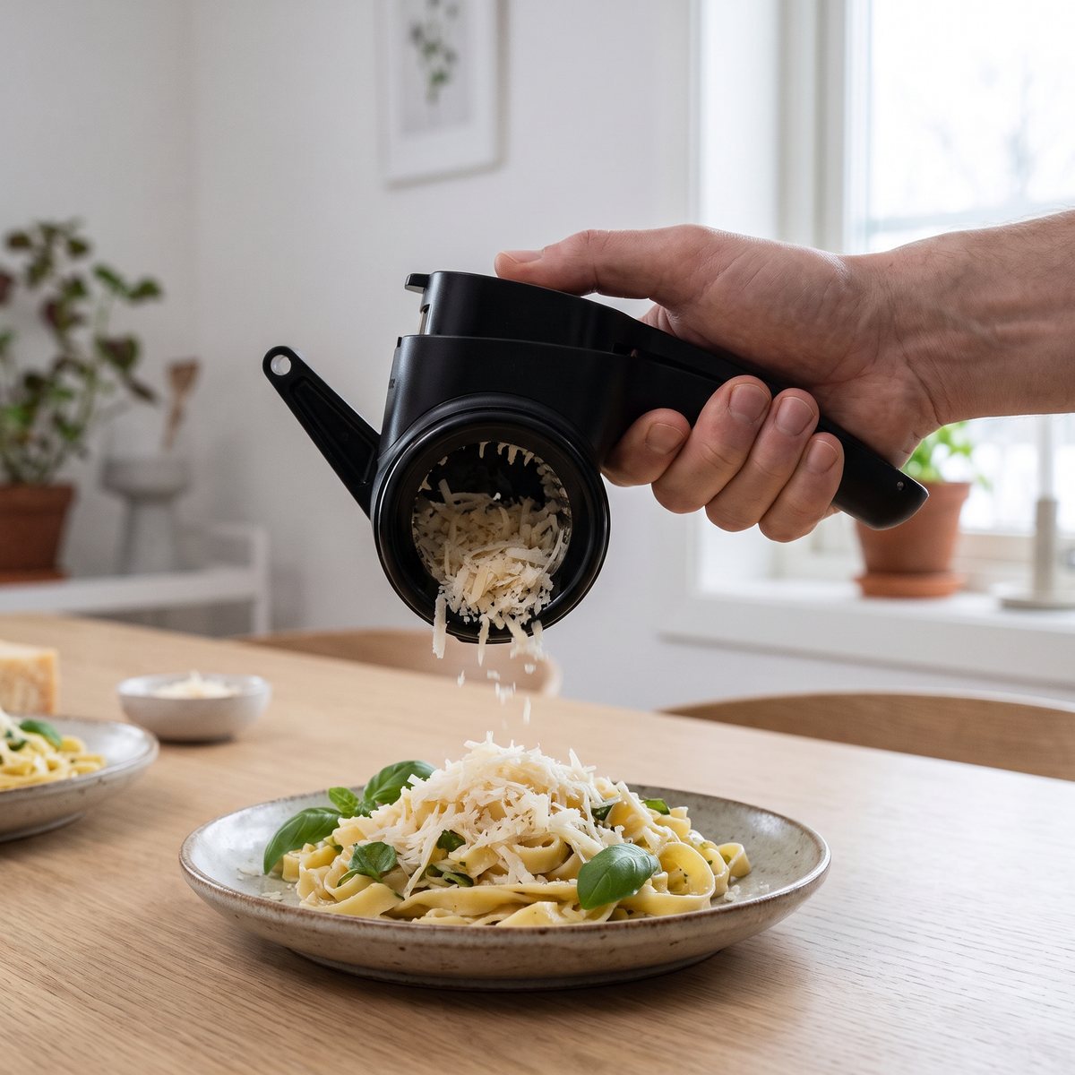 Microplane roterande rivjärn som används för att riva parmesan över pasta vid ett köksbord i ett svenskt hem