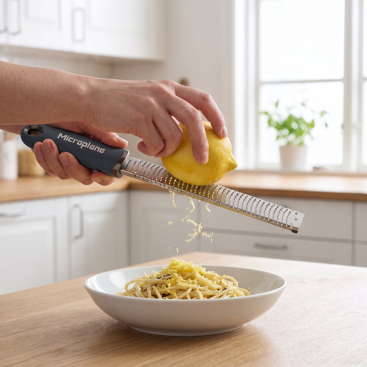 Microplane Premium Classic zestjärn i skiffergrått som används för att riva citronskal över pasta i ett svenskt kök