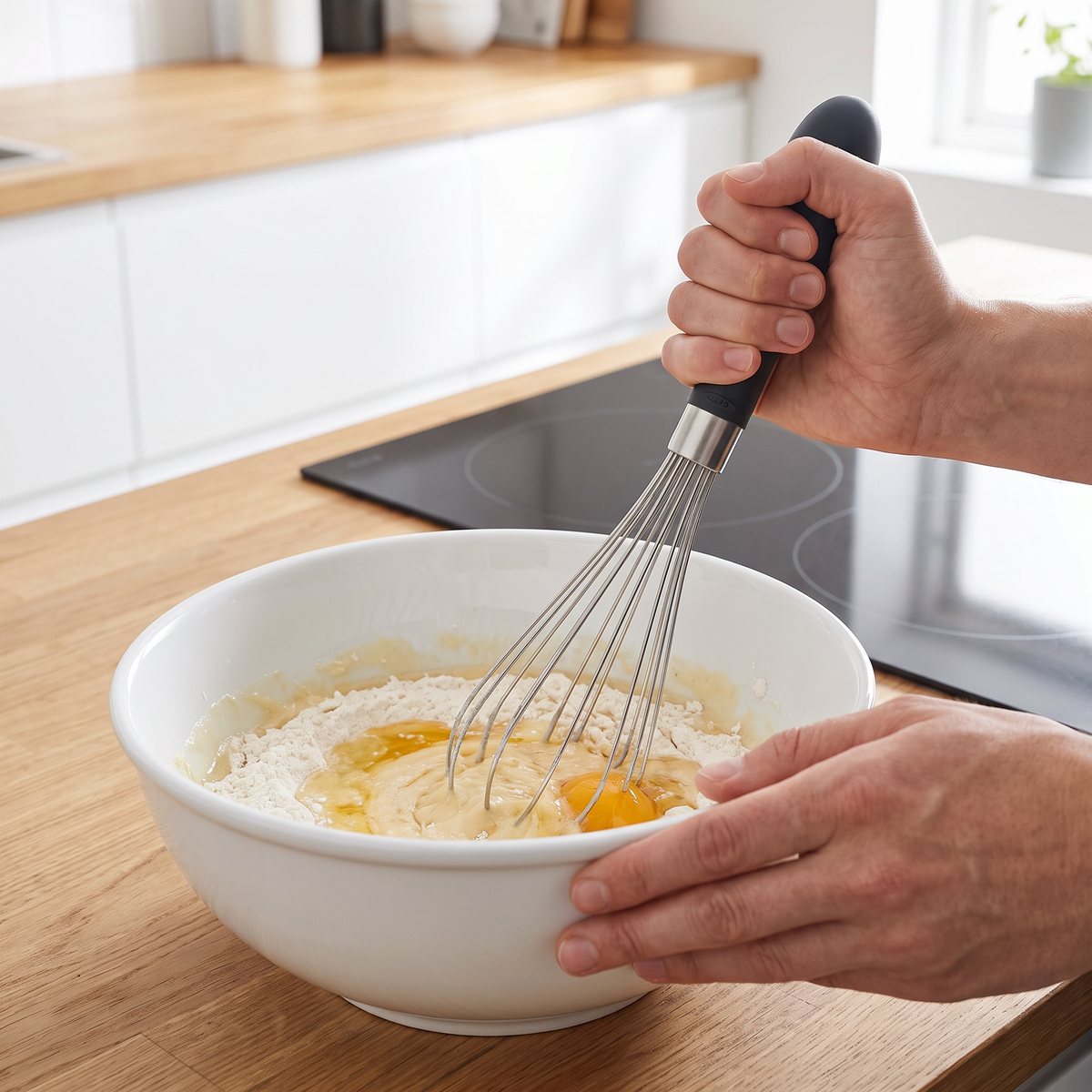 Ballongvisp med mörkt, mjukt handtag som vispar pannkakssmet i en vit skål i ett svenskt kök
