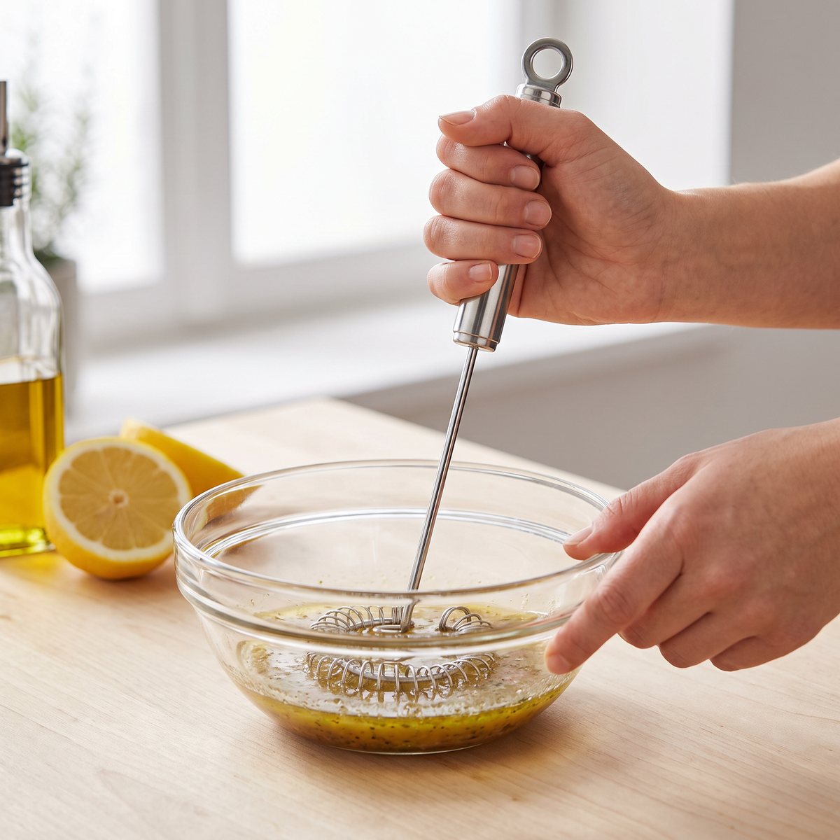 Spiralvisp med stålhandtag som blandar en vinägrett i en glasskål på ett träbord i ett svenskt hem