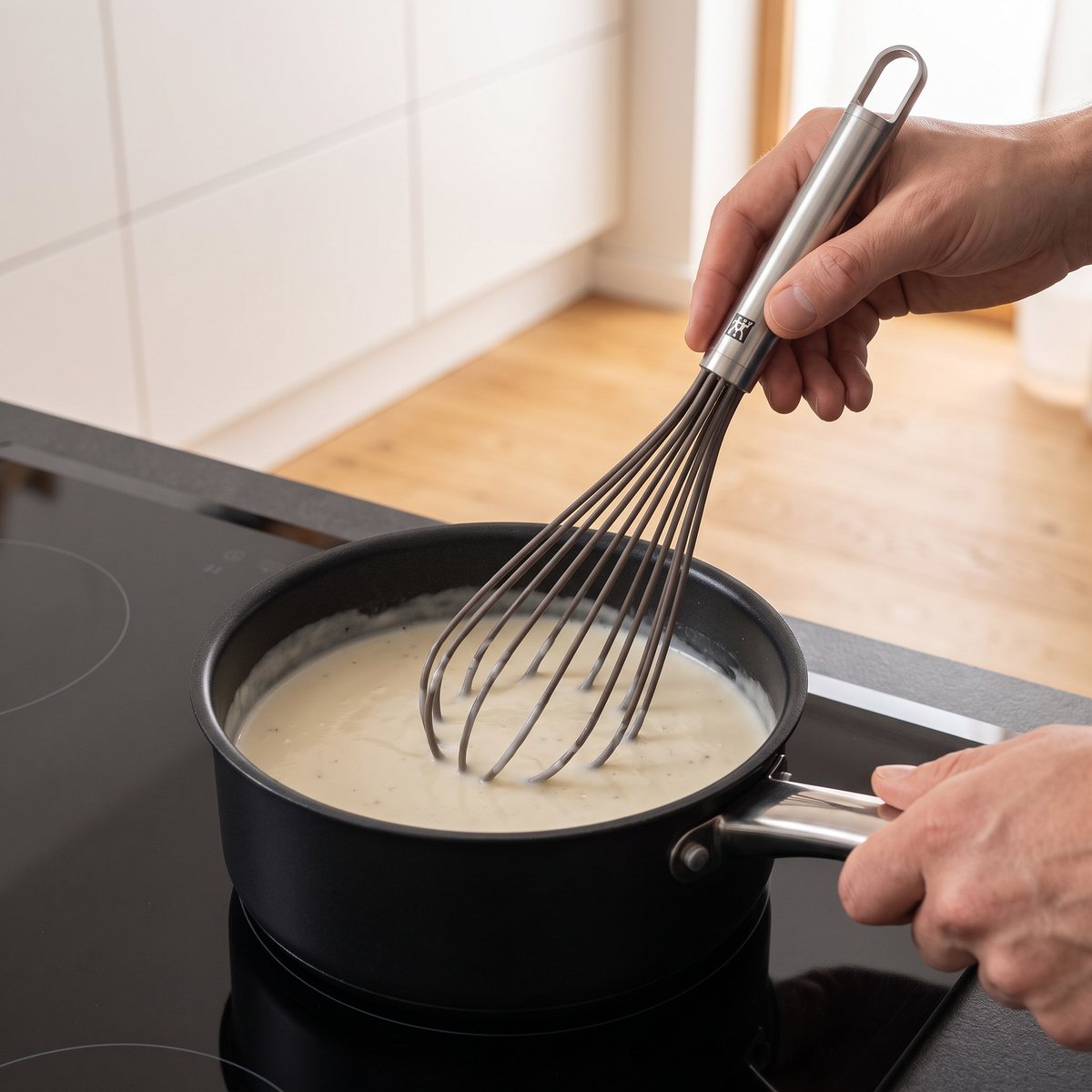 Visp med stålhandtag och silikonbelagda trådar som rör om en vit sås i en non-stickkastrull på en induktionshäll