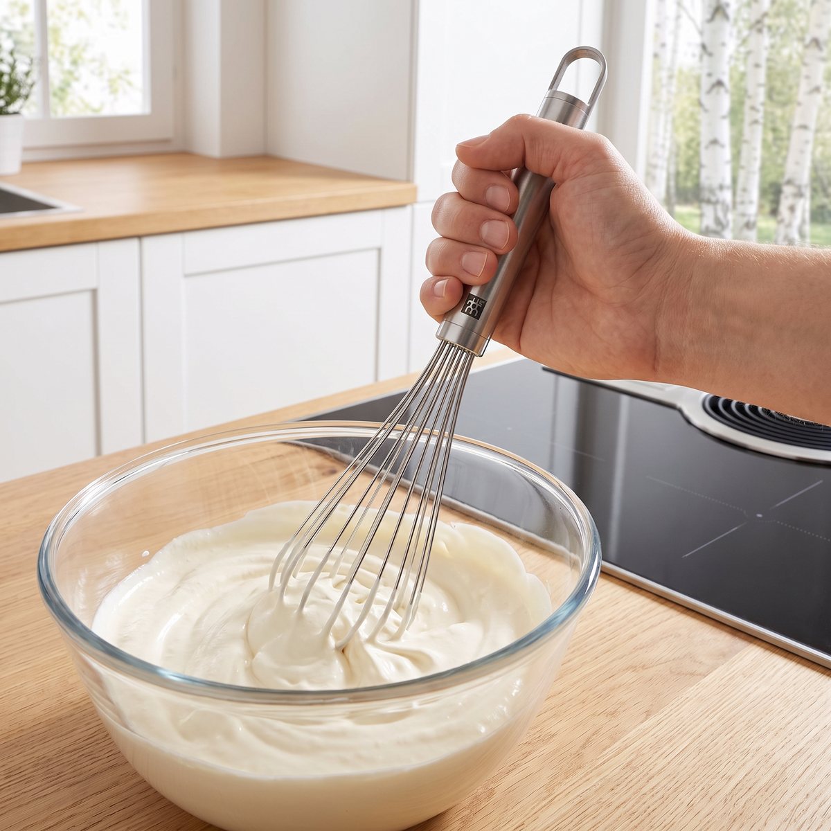 Rostfri ballongvisp med rund stålhandtag som vispar grädde i en glasskål i ett ljust svenskt kök