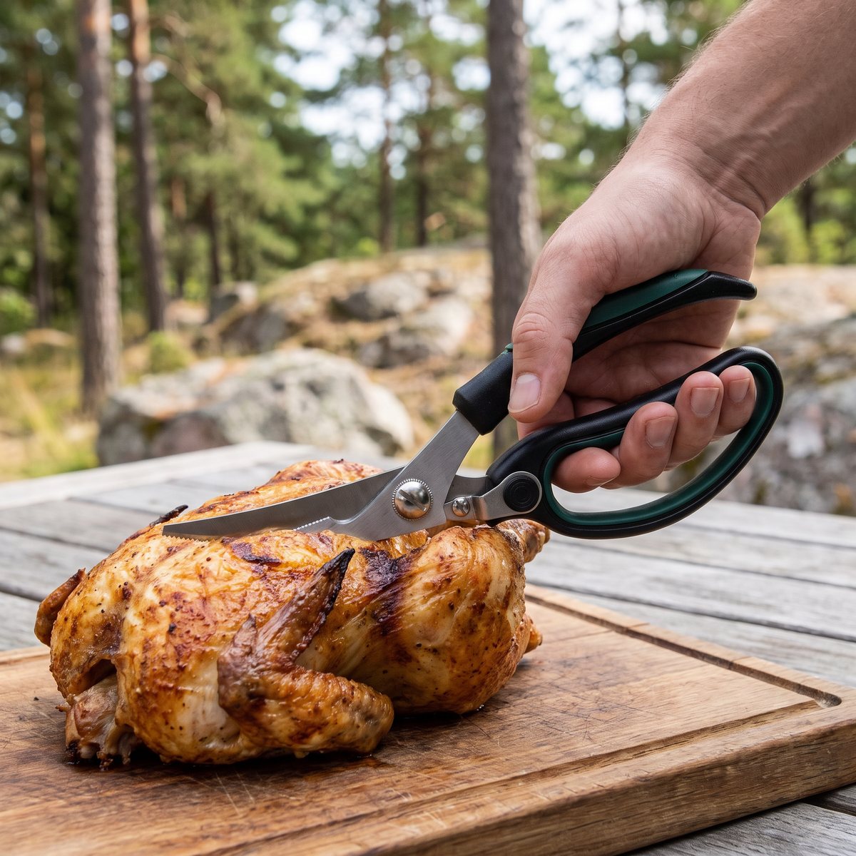 Big Green Egg kökssax som delar en grillad kyckling på en träskiva utomhus bland tallar och granit