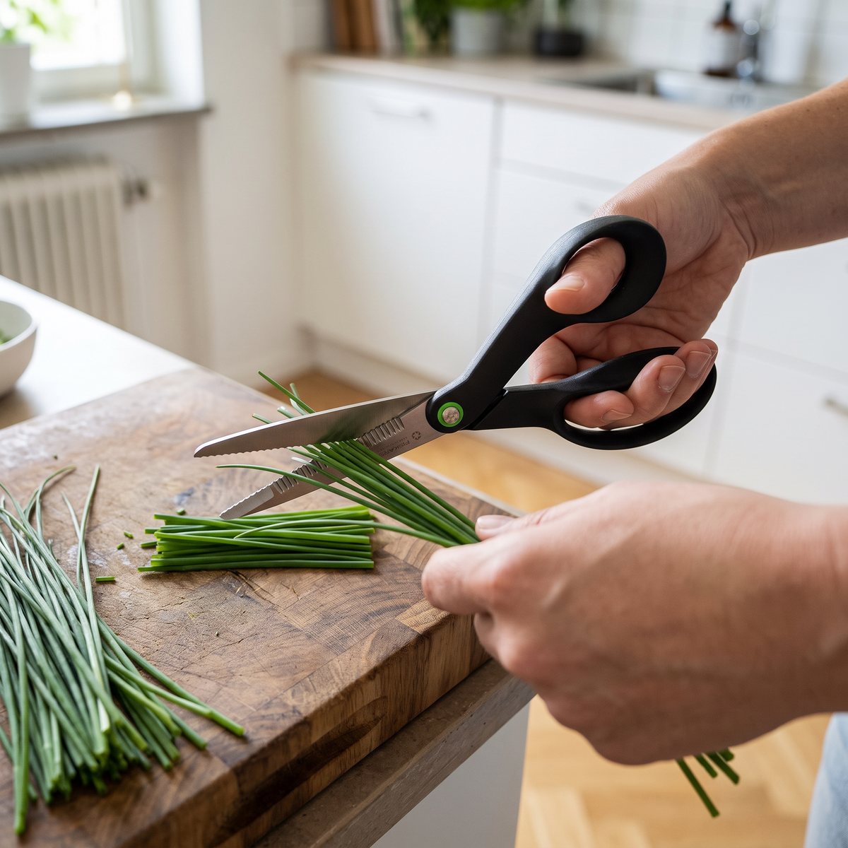 Fiskars Functional Form Renew-sax som klipper gräslök på en träskärbräda i ett svenskt kök