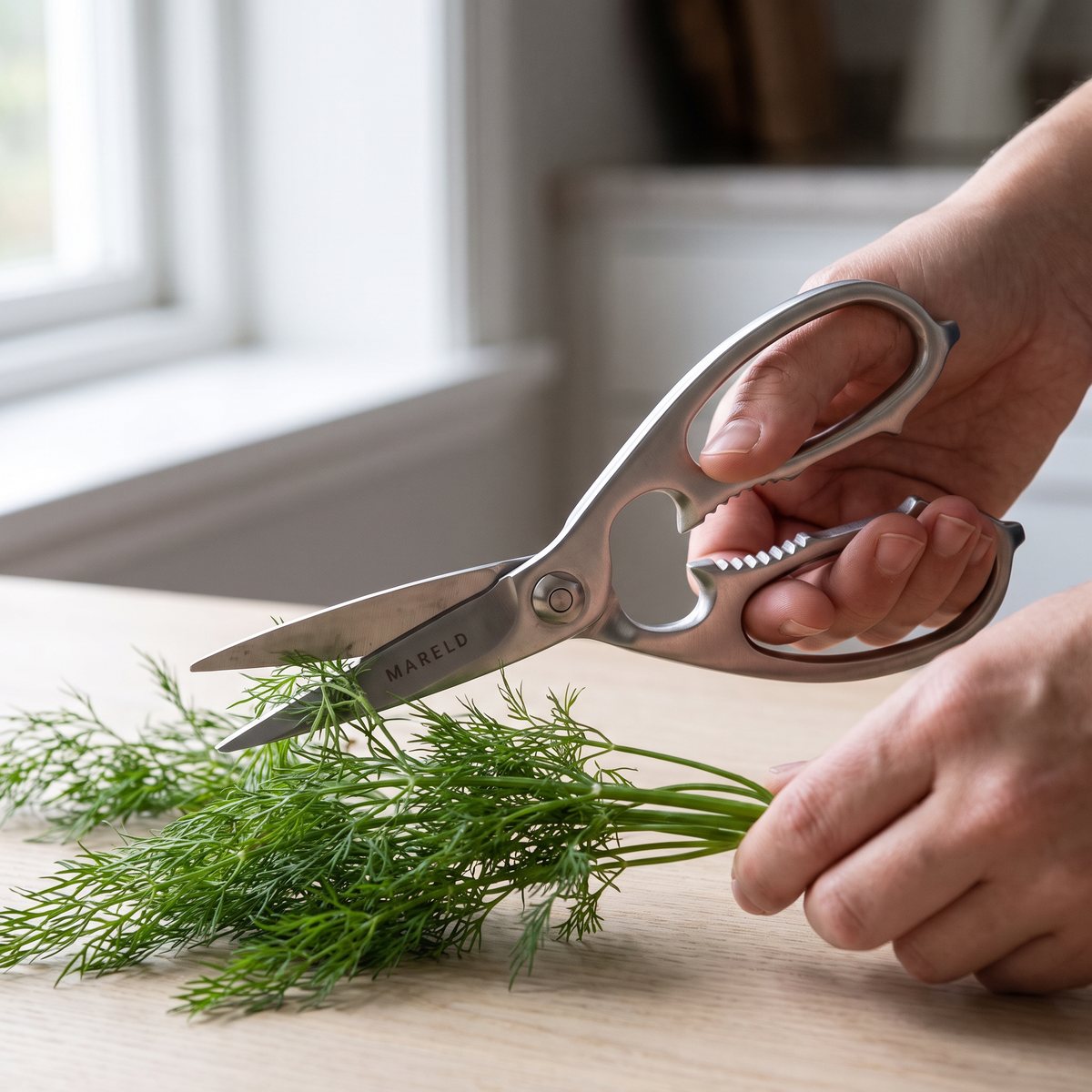 Mareld kökssax i rostfritt stål som klipper dill på ett ljust ekbord i ett svenskt hem