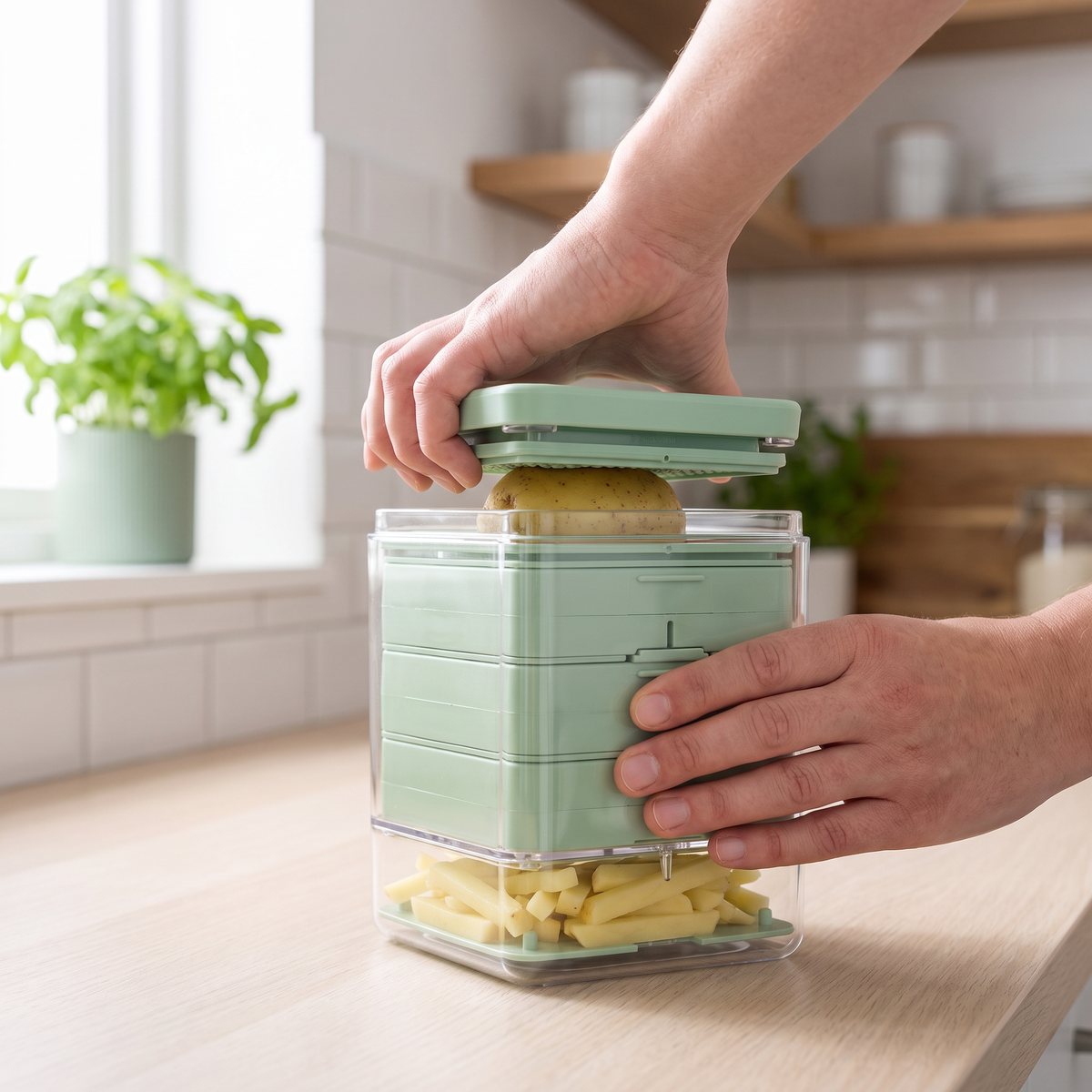 Brabantia Tasty+ potatisskärare i ljusgrön plast med genomskinlig behållare som fångar potatisstavarna i ett litet svenskt kök