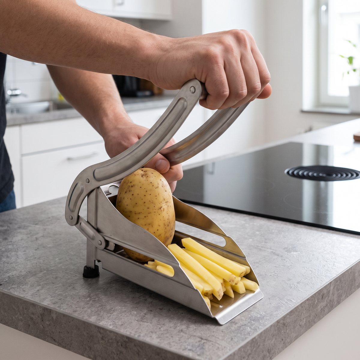 Essentials pommes frites-skärare i rostfritt stål som trycks ned genom en potatis på en bänk i ett svenskt kök med induktionshäll
