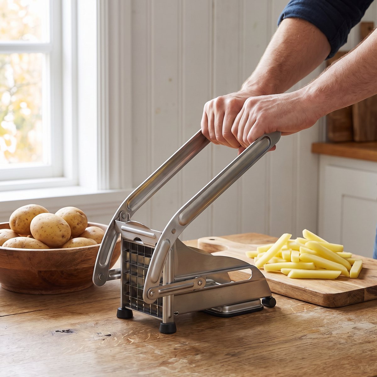 MasterClass pommes frites-skärare i rostfritt stål på ett träbord i ett svenskt stugkök med potatis och nyskurna potatisstavar