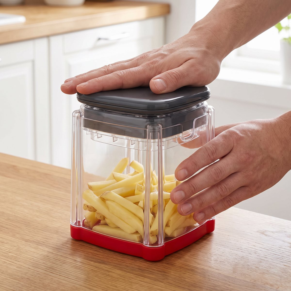 moHA! Cutbox pommes frites- och grönsaksskärare med genomskinlig låda och röd botten, fylld med potatisstavar i ett svenskt kök