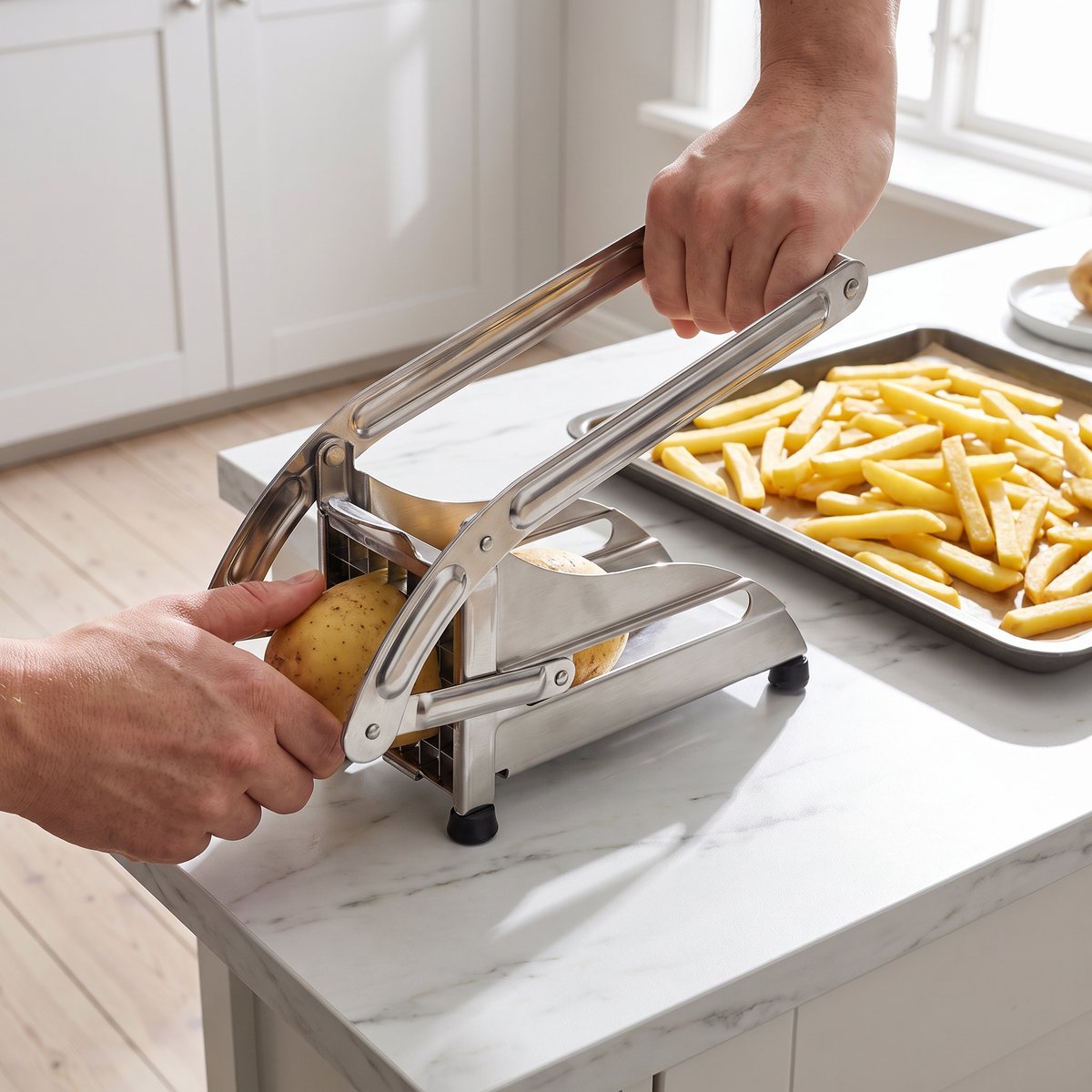 Tellier pommes frites-skärare i rostfritt stål på en marmorbänk i ett ljust svenskt kök med pommes frites på en plåt