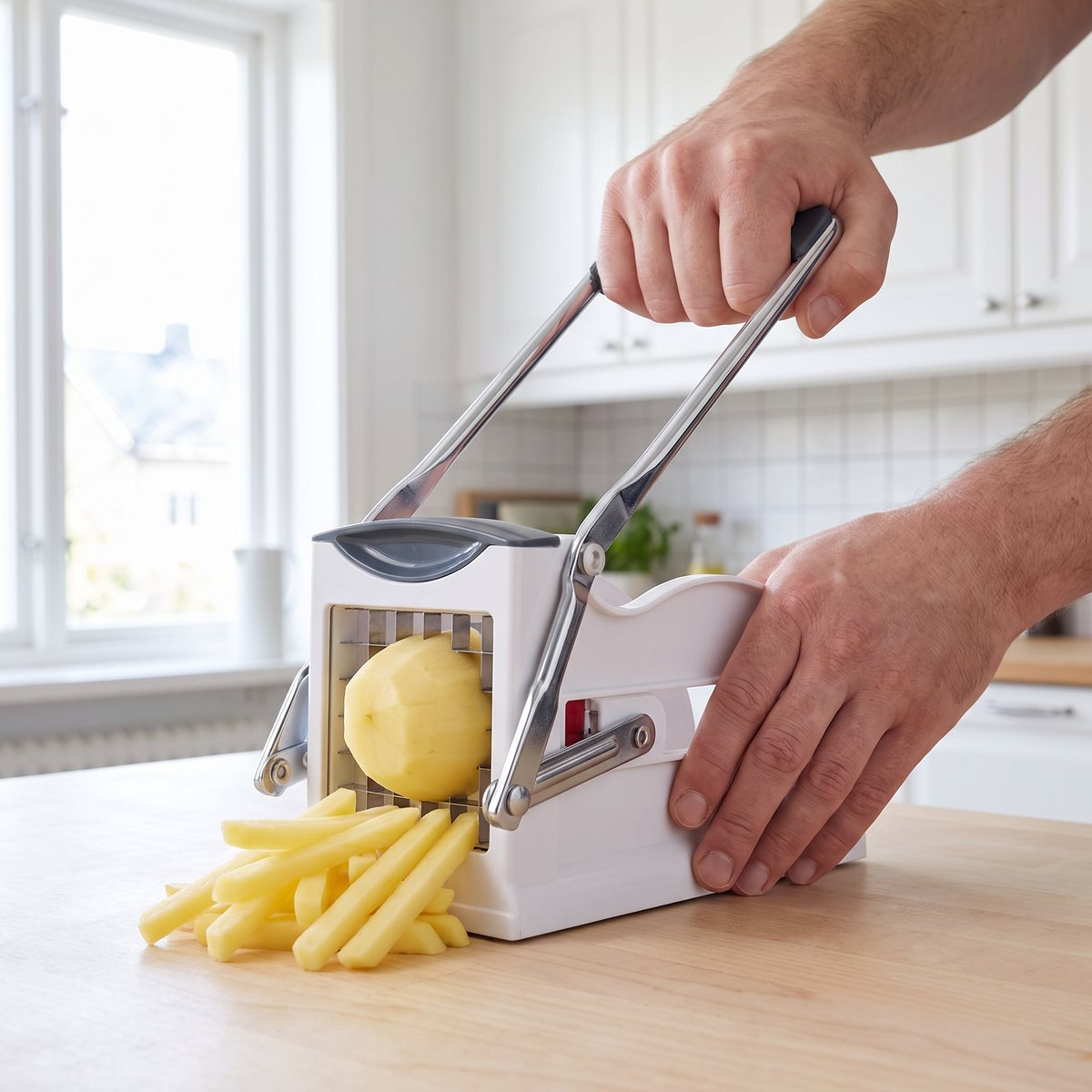 Westmark Easy Stix pommes frites-skärare i vitt och kromat stål som pressar en skalad potatis genom bladgallret på en köksbänk i ett svenskt kök