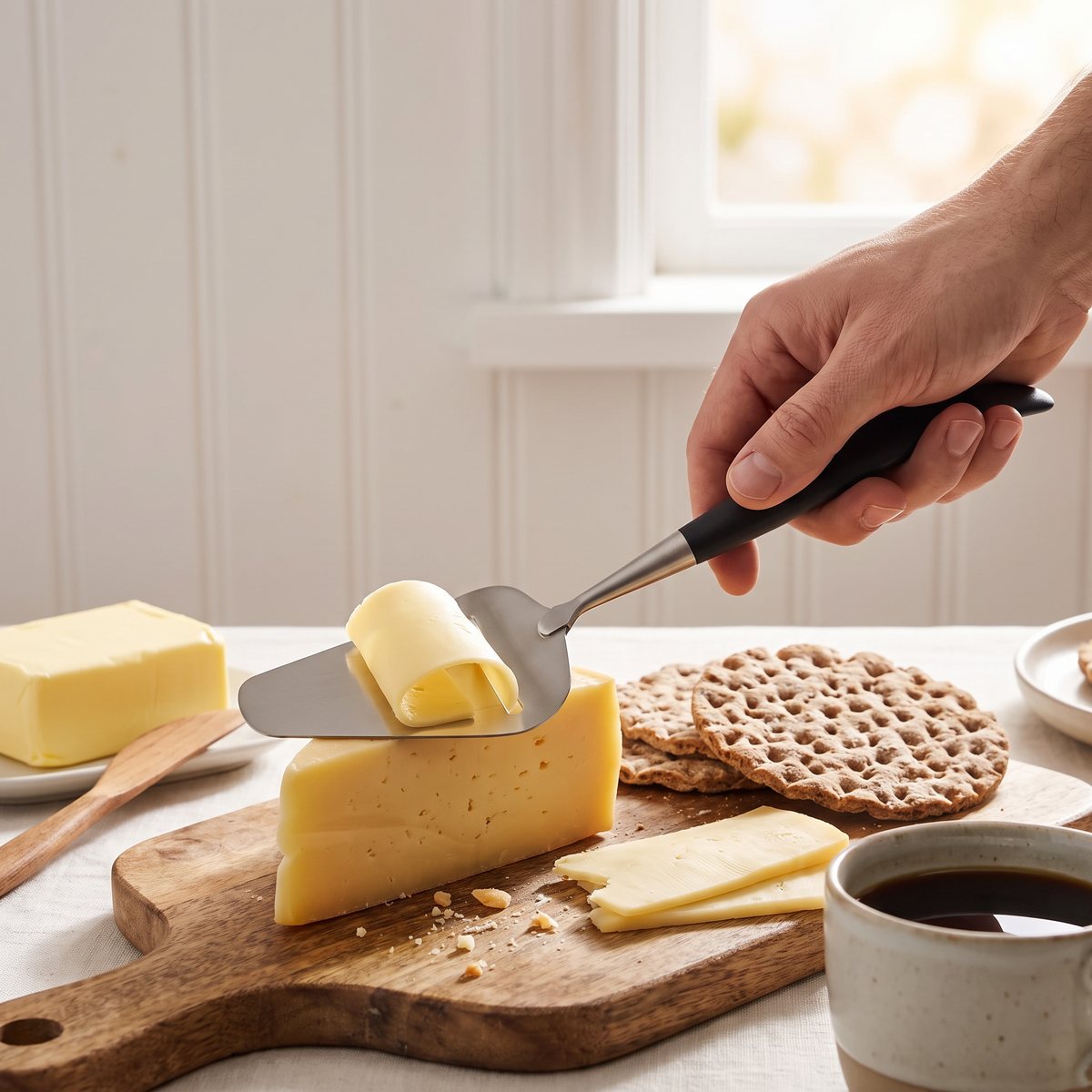 Osthyvel med svart handtag och långt stålblad som skivar ost på ett svenskt frukostbord