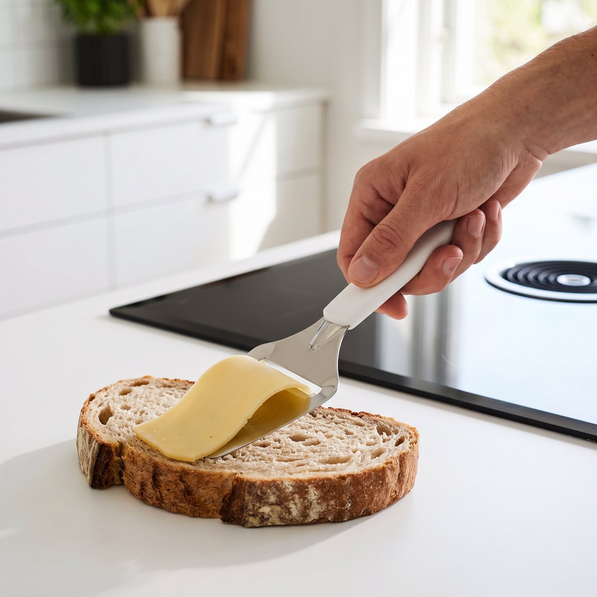 Osthyvel med vitt silikonklätt handtag som hyvlar en skiva ost på en smörgås i ett ljust svenskt kök