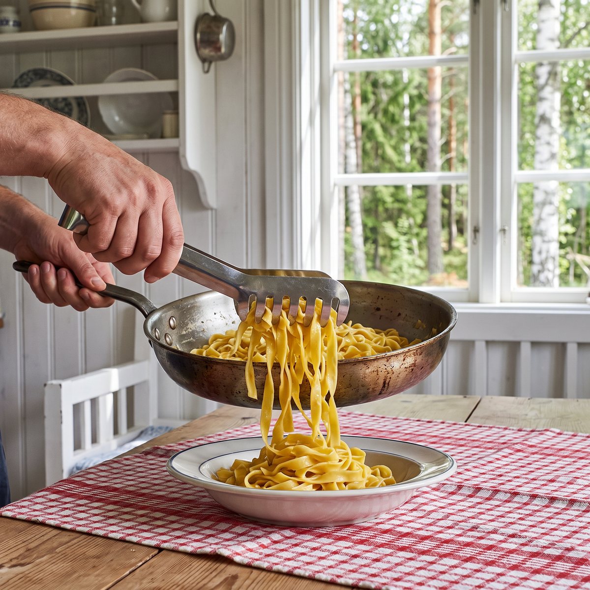 De Buyer pastatång i rostfritt stål serverar pasta från en stekpanna i ett svenskt sommarkök