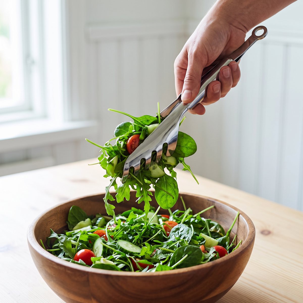 Rösle pastatång av stål lyfter sallad ur en träskål på ett köksbord i ett svenskt hem