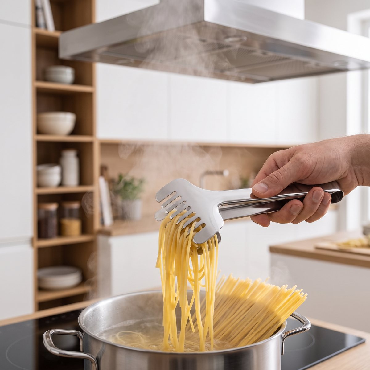 Zwilling Dinner pastatång lyfter spaghetti ur en kastrull på induktionshäll i ett svenskt kök