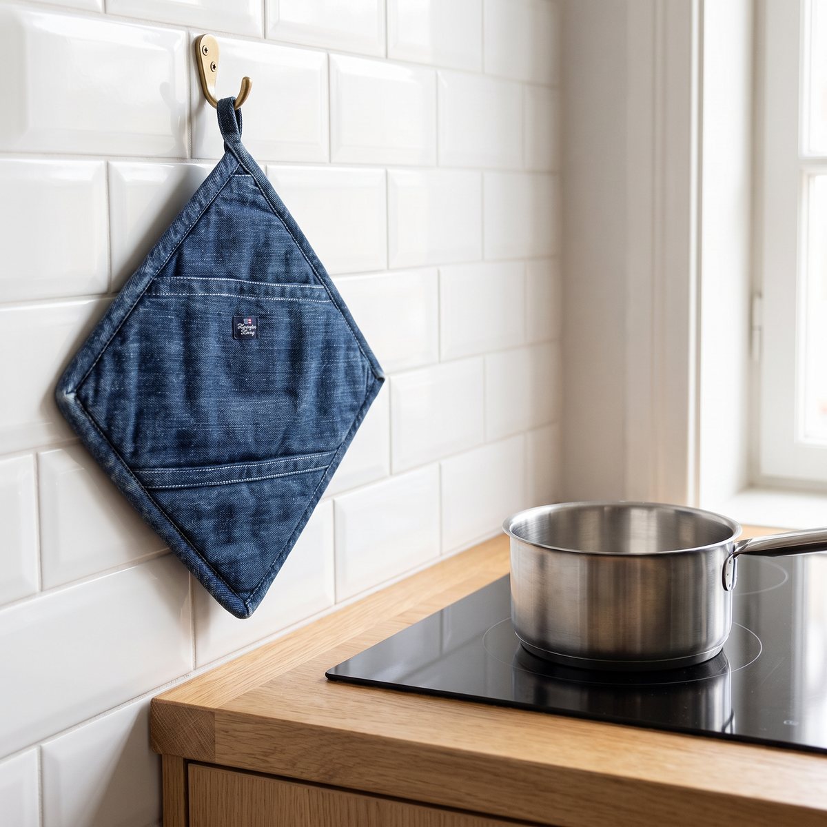 Blå grytlapp i denim från Lexington som hänger i en krok på kaklad vägg bredvid en induktionshäll i ett svenskt kök.