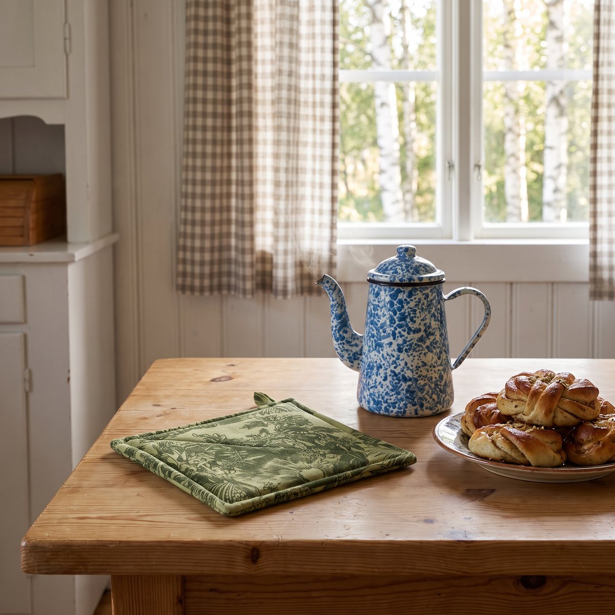 Grön grytlapp med Muminmotiv från Moomin Arabia på ett furubord i ett svenskt sommarstugkök, med kaffepanna och kanelbullar.