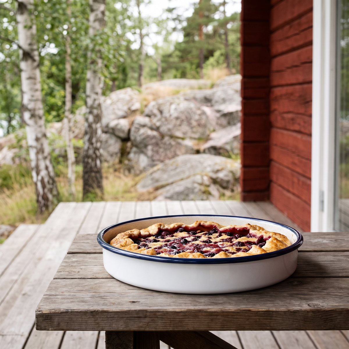 Rund vit emaljliknande ugnsform med blå kant och paj på en veranda vid en svensk stuga