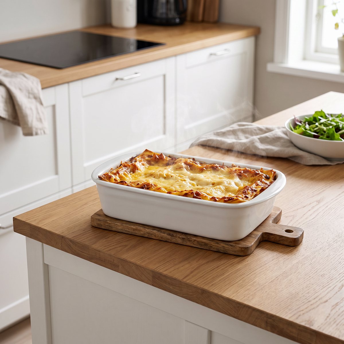 Vitt lasagnefat i porslin med bubblande lasagne på en träunderlägg i ett svenskt kök
