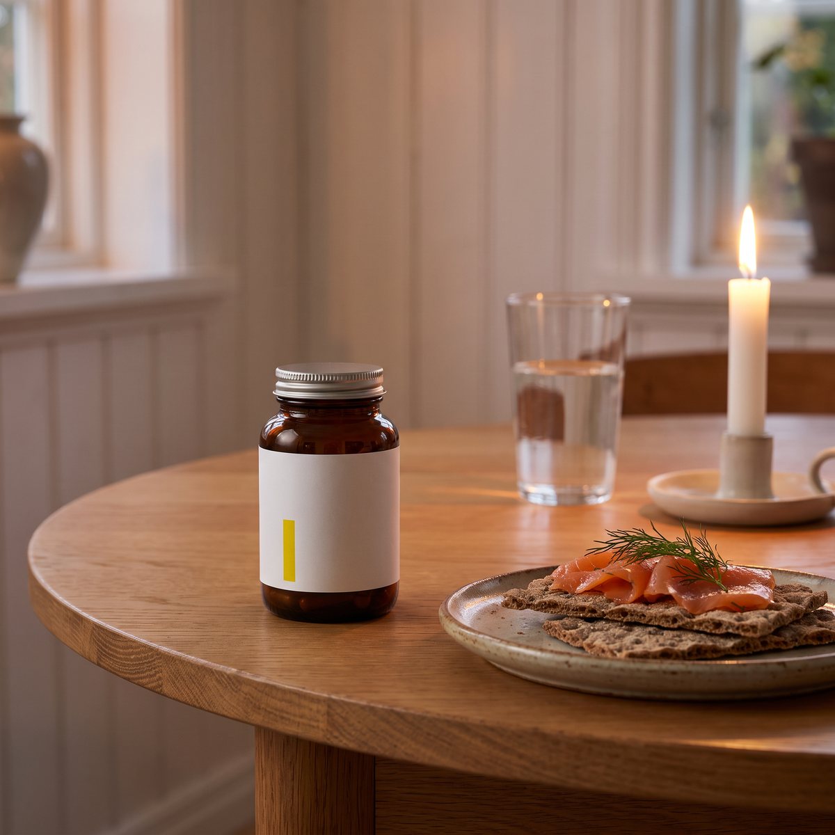 Brun glasburk med vegansk omega-3 på ett middagsbord i ett svenskt hem