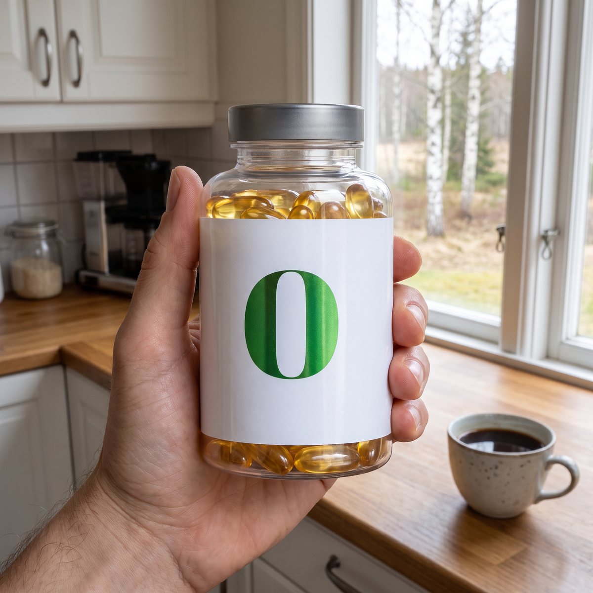 Hand som håller en burk algbaserad omega-3 vid en köksbänk i ett svenskt hem