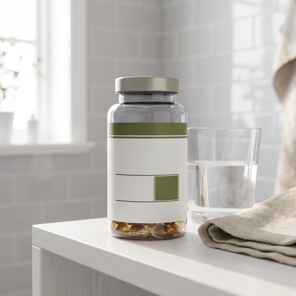 Burk med vegansk omega-3 på en hylla i ett ljust svenskt badrum