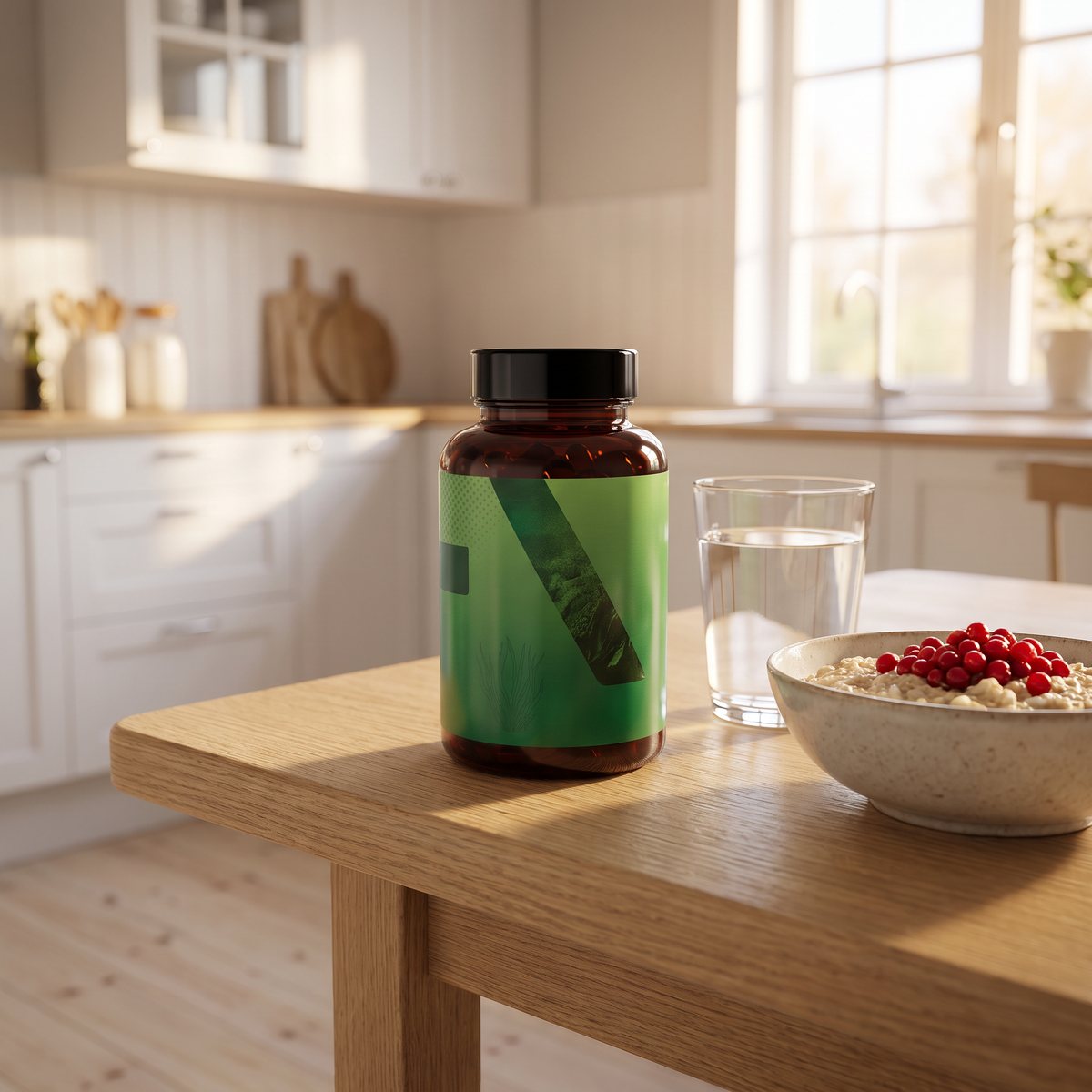 Burk med vegansk omega-3 på ett frukostbord i ett svenskt kök