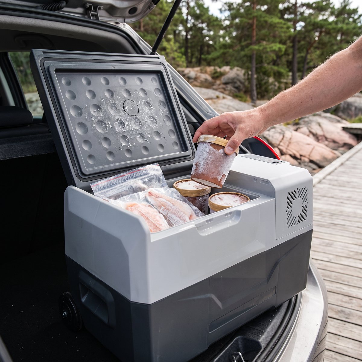 Alpicool CX30 med öppet lock i bagageutrymmet på en bil vid en brygga i skärgården, med hårdfryst glass och fiskfiléer