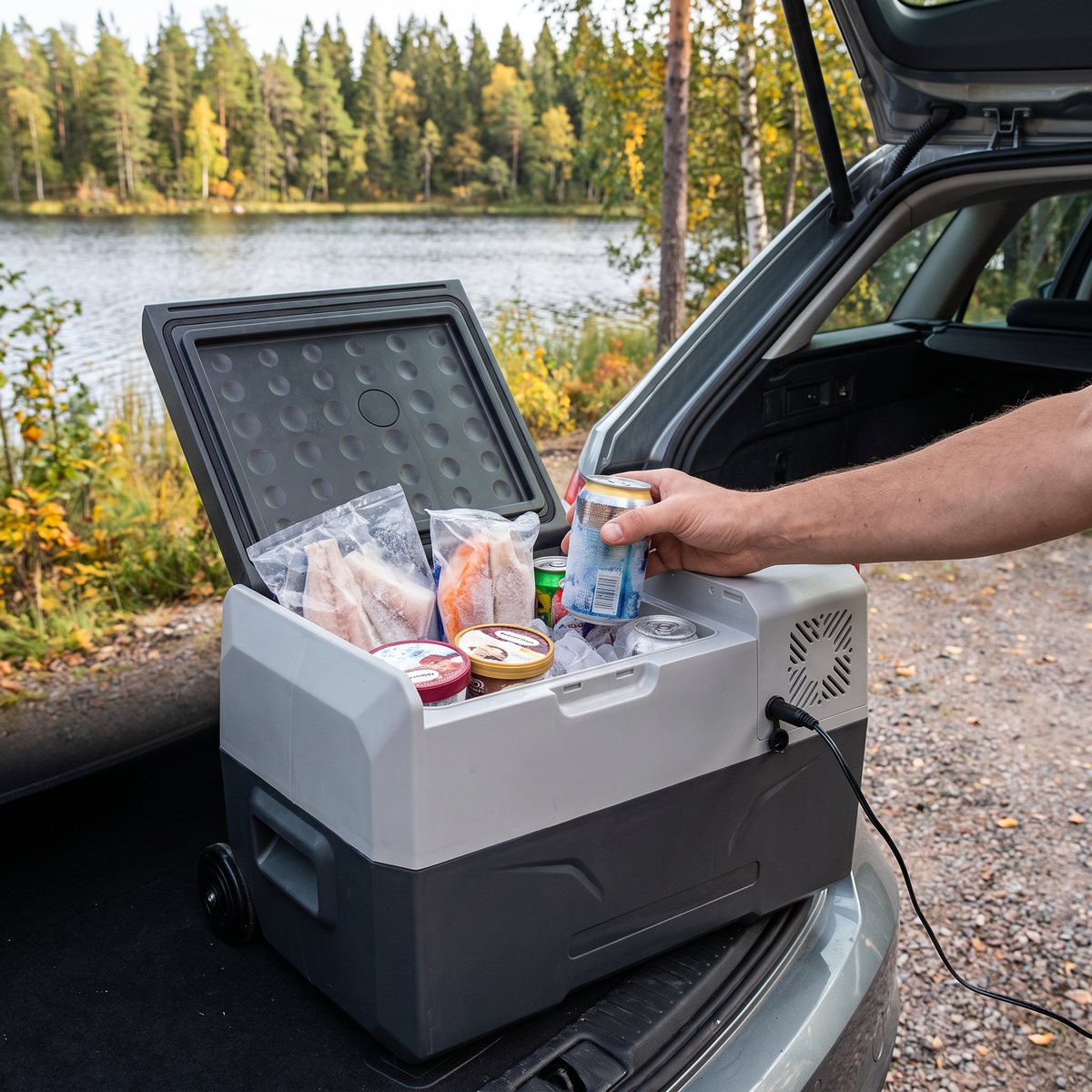 Alpicool CX50 med öppet lock i bagageutrymmet på en kombibil vid en skogssjö, med fryst fisk, glass och burkar inuti