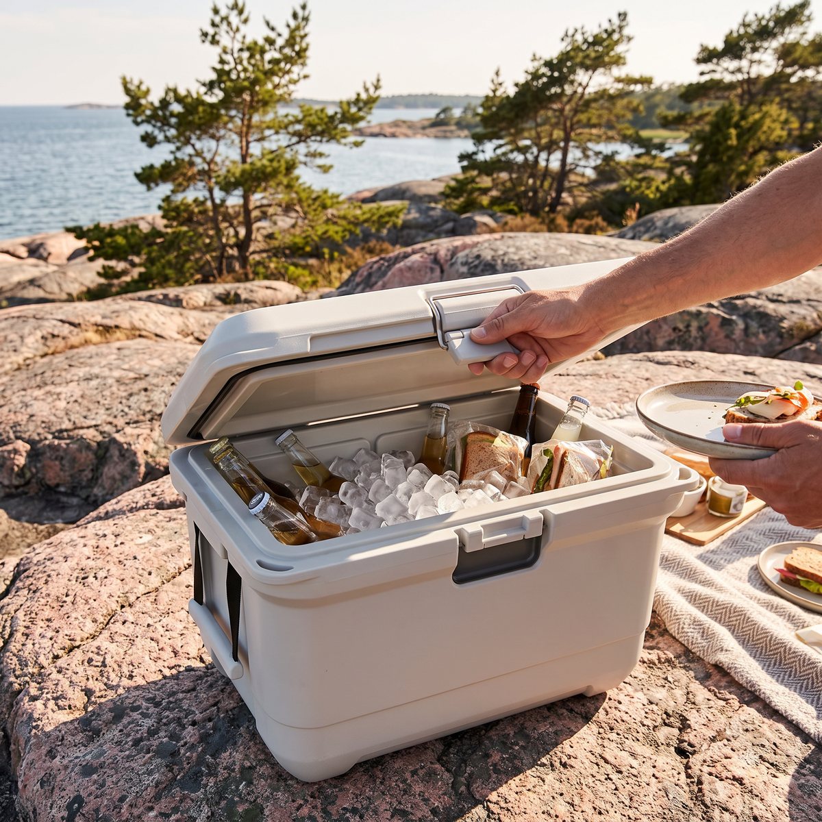 Ljus Coleman Pro 45 QT med is och dryck på en klipphäll i skärgården under en picknick