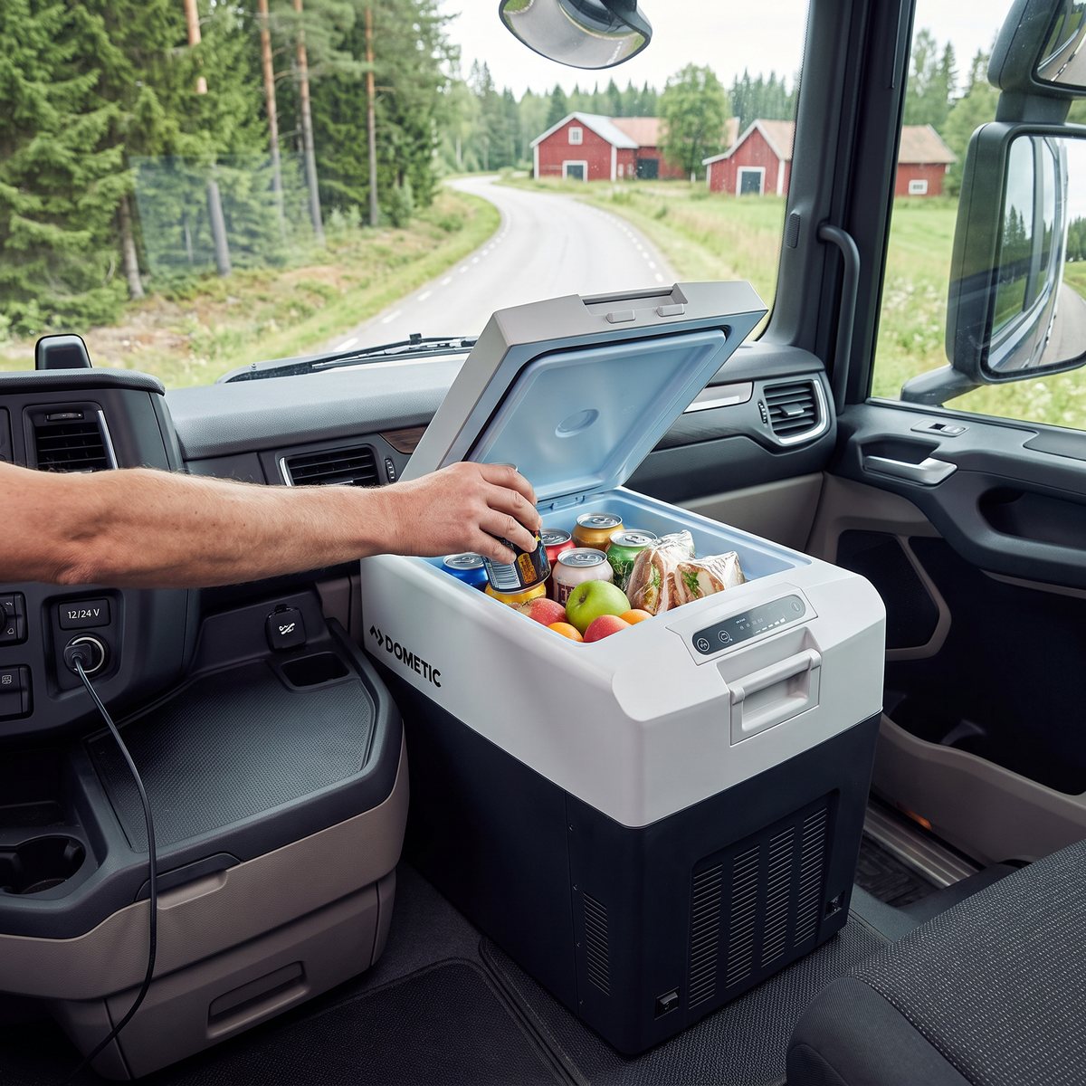 Dometic TropiCool TCX 35 med öppet lock i en lastbilshytt på en landsväg, fylld med läsk, frukt och smörgåsar