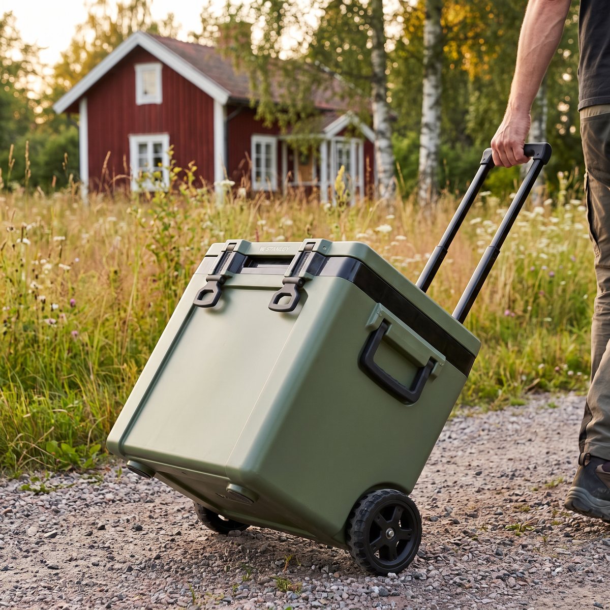 Grön Stanley Cold-For-Days-kylbox som dras på sina hjul längs en grusväg mot en röd sommarstuga